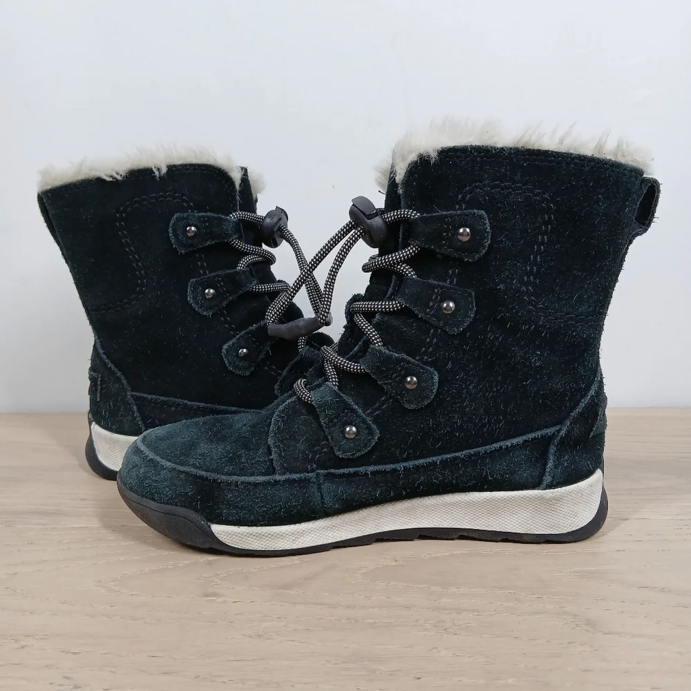 Sorel Black Suede Faux Fur Lace-Up Winter Boots 735 - Picture 3 of 10